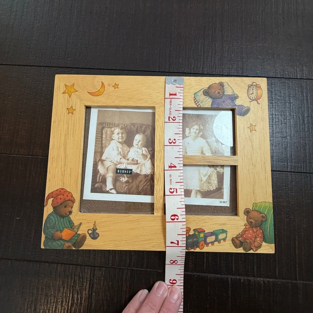 Vintage Fetco‎ 1995 Teddy Bear Wood Picture Frame Nursery Decor Train Stars 7x9